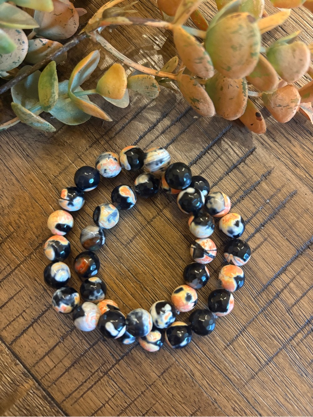 Handmade Black & Orange Agate Gemston Stretch Bracelet - Women's Fashion Jewelry
